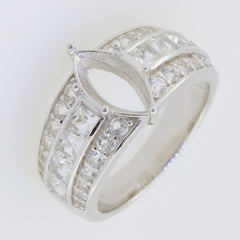 Sterling silver semi-mount ring setting with marquise and square cut stones, perfect for engagement or wedding.