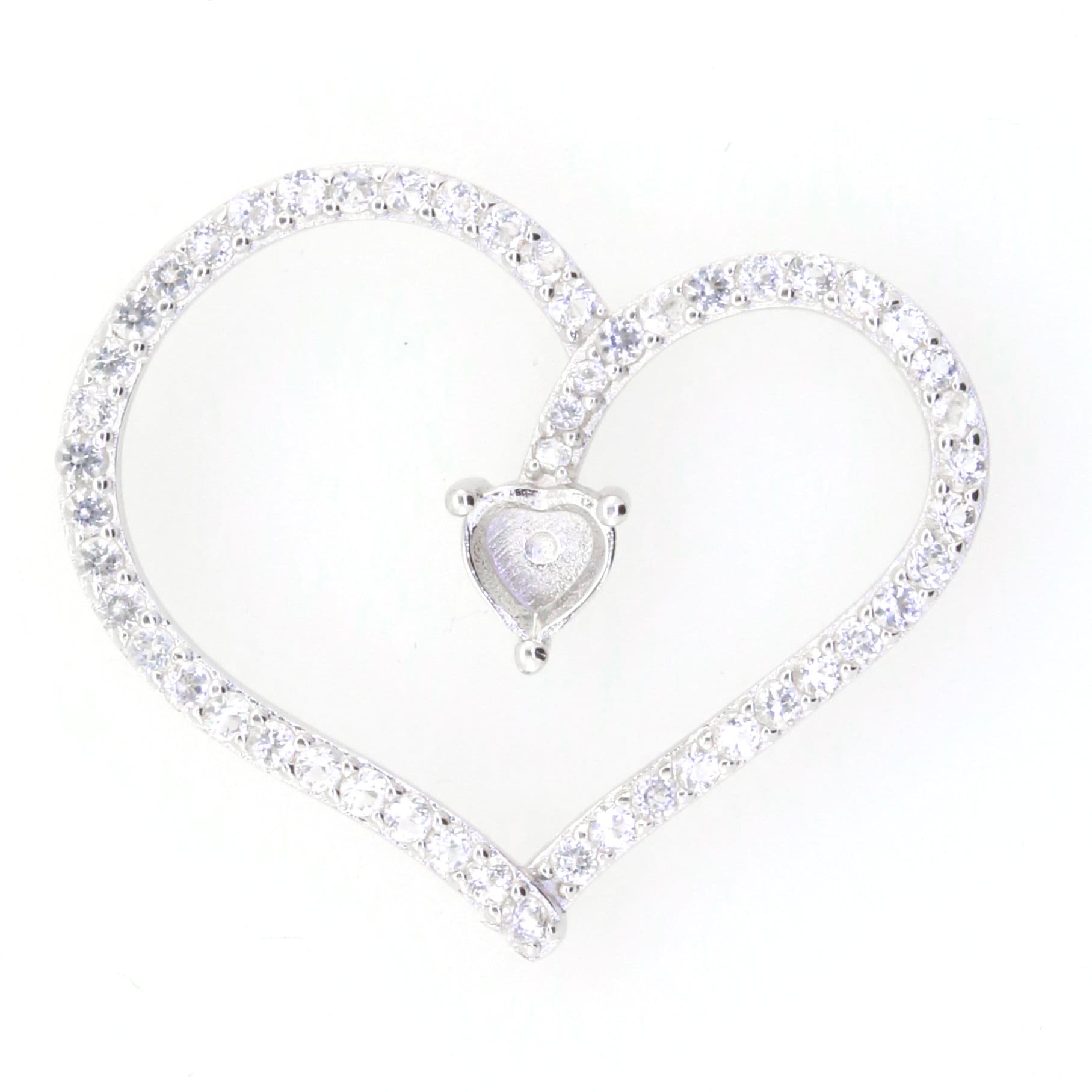 Sterling silver heart-shaped semi mount pendant setting with white topaz gemstones, designed for custom gemstone fitting.