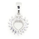 Sterling Silver heart-shaped semi mount pendant setting with white topaz, 6x6mm halo design for custom gemstones.