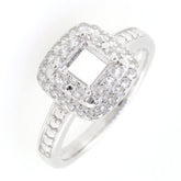 Sterling silver semi mount ring setting featuring a princess square 5x5mm double halo with white topaz accents.