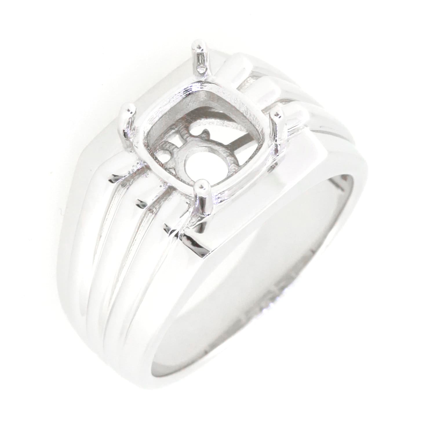 Men's sterling silver semi mount ring setting with cushion for 8x8mm gemstone, elegant design.