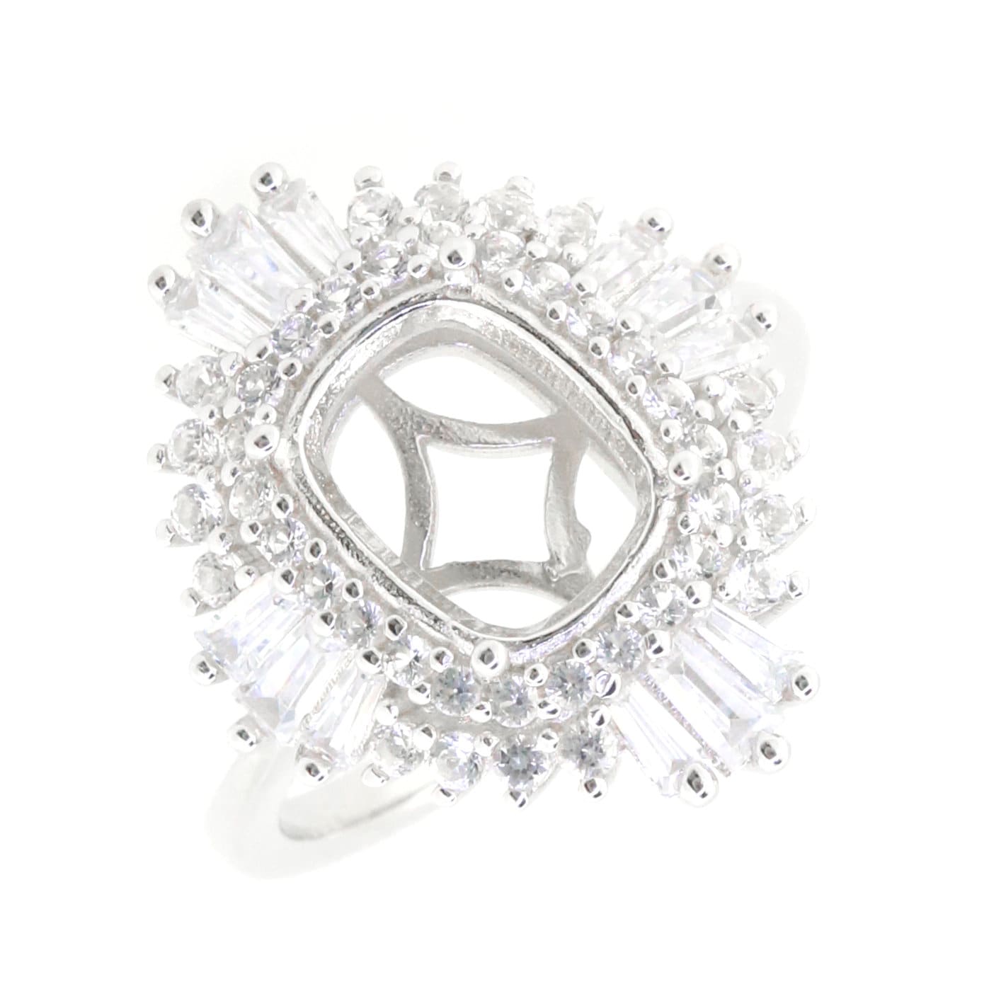 Sterling silver semi mount ring setting with halo design and white topaz accents, featuring a cushion-shaped center
