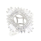 Sterling silver semi mount ring setting with halo design and white topaz accents, featuring a cushion-shaped center