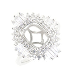 Sterling silver semi mount ring setting with halo design and white topaz accents, featuring a cushion-shaped center