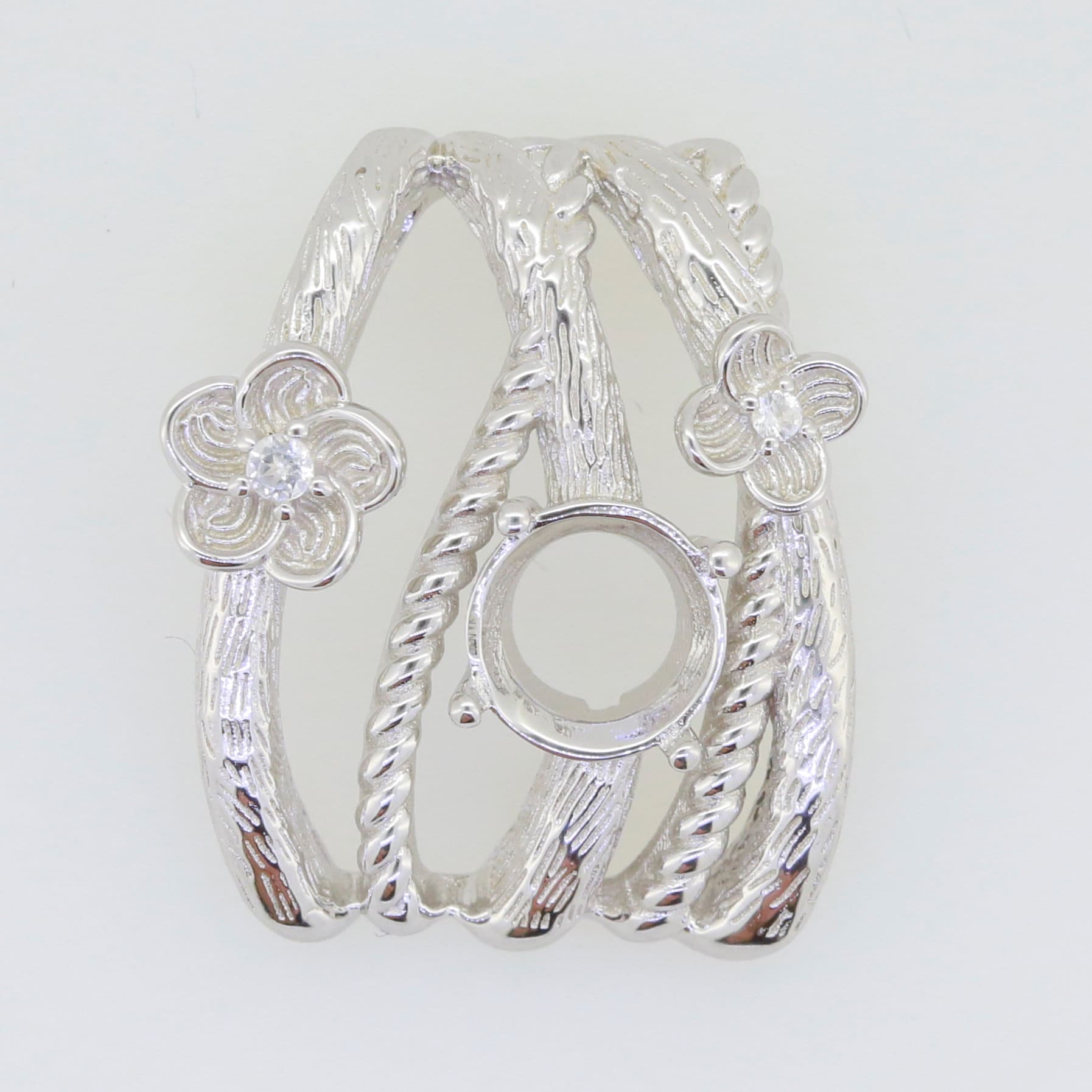 Sterling silver semi mount pendant setting with floral design for 8x8mm gemstone, ideal for custom jewelry making.
