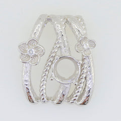 Sterling silver semi mount pendant setting with floral design for 8x8mm gemstone, ideal for custom jewelry making.