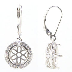 Sterling Silver Semi Mount Earrings Setting with White Topaz, Dangle Leverback Halo, 10x10mm, custom made.