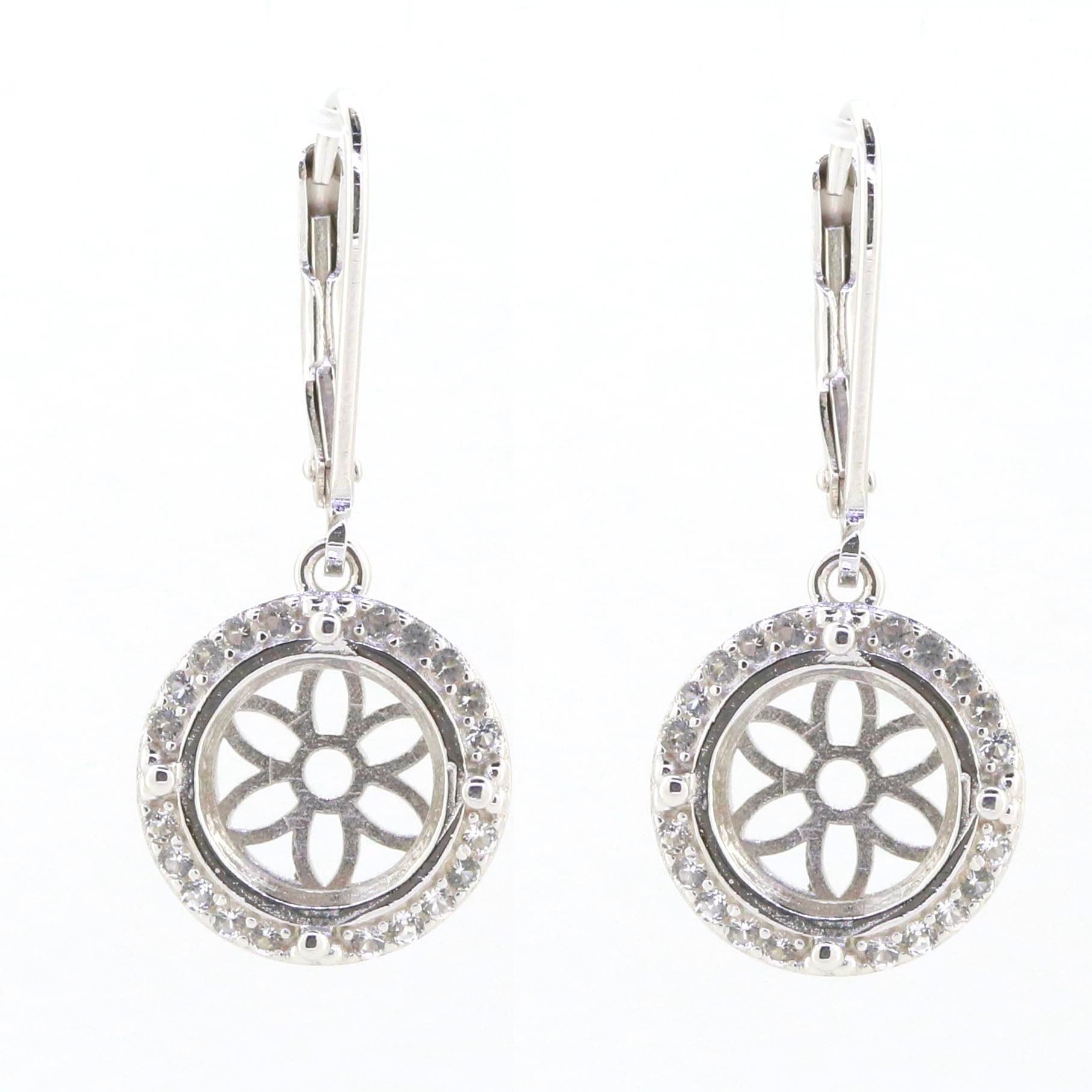 Sterling silver semi mount dangle earrings with white topaz halo and flower design.