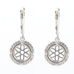 Sterling silver semi mount dangle earrings with white topaz halo and flower design.
