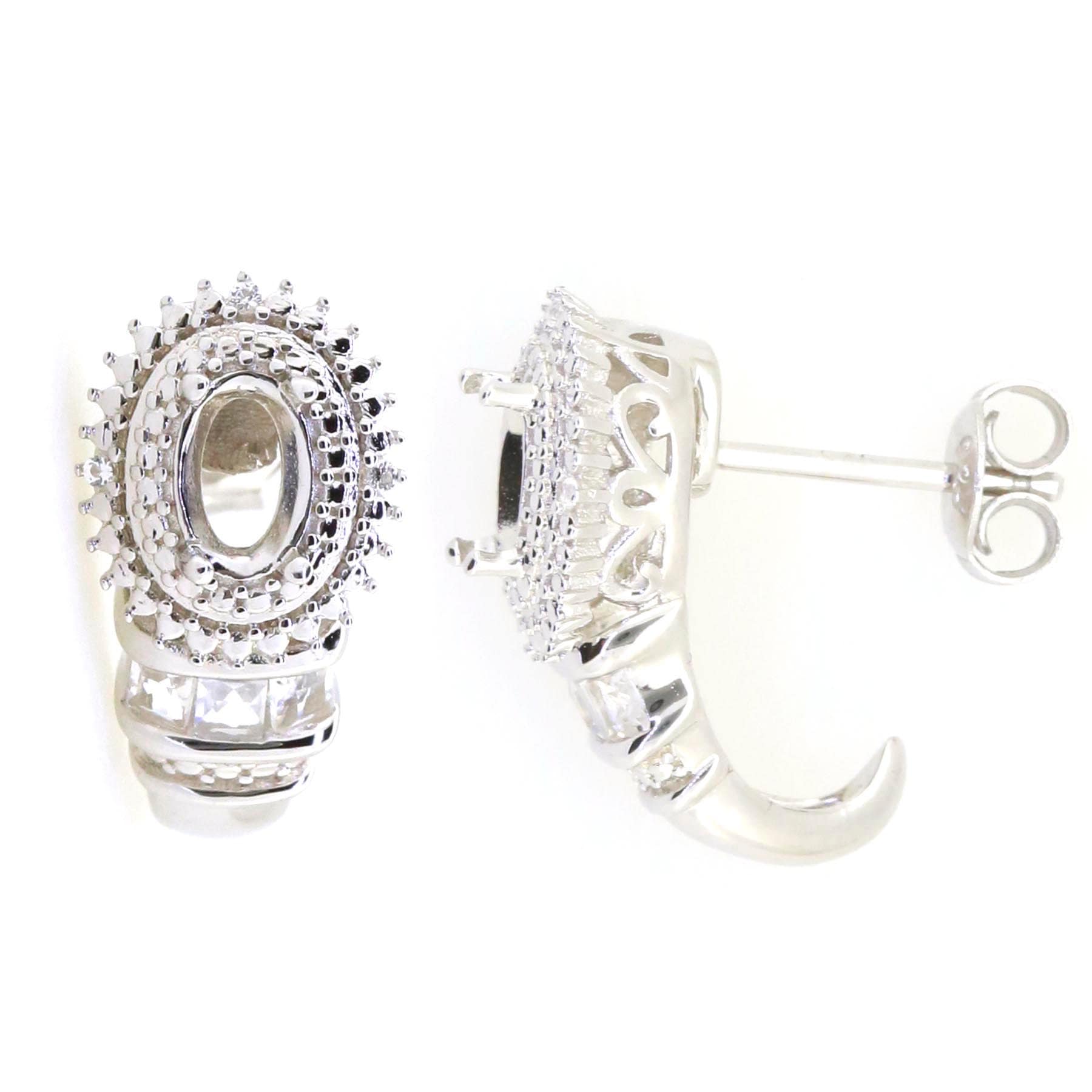 Sterling silver semi-mount earrings setting with halo design and white topaz, ideal for custom gemstones.