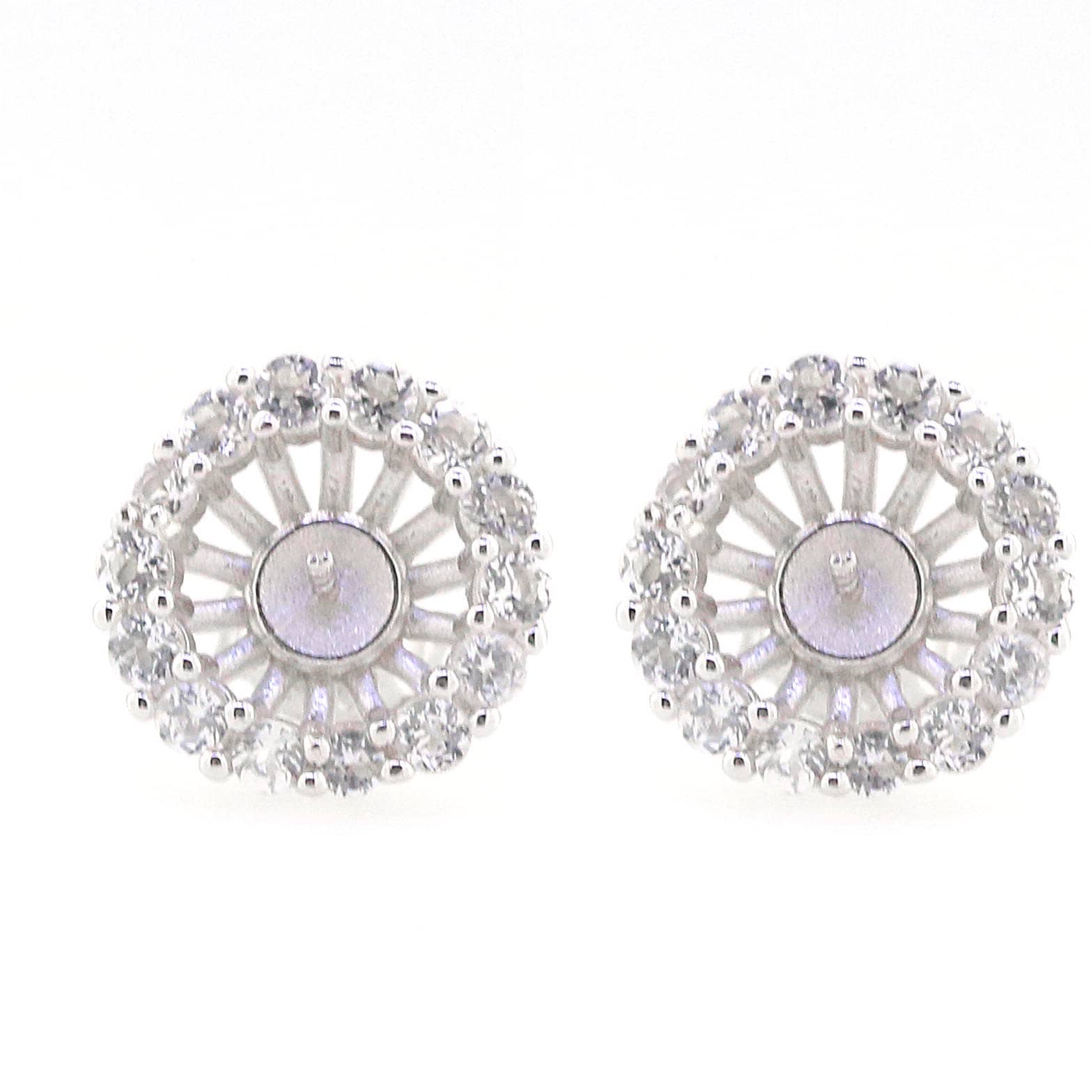 Sterling Silver Semi Mount Earrings Setting with White Topaz, Round RD 8x8mm Stud for Pearl Halo.