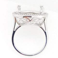 Sterling silver semi mount ring setting with intricate design and halo for round gemstone, available in custom sizes.