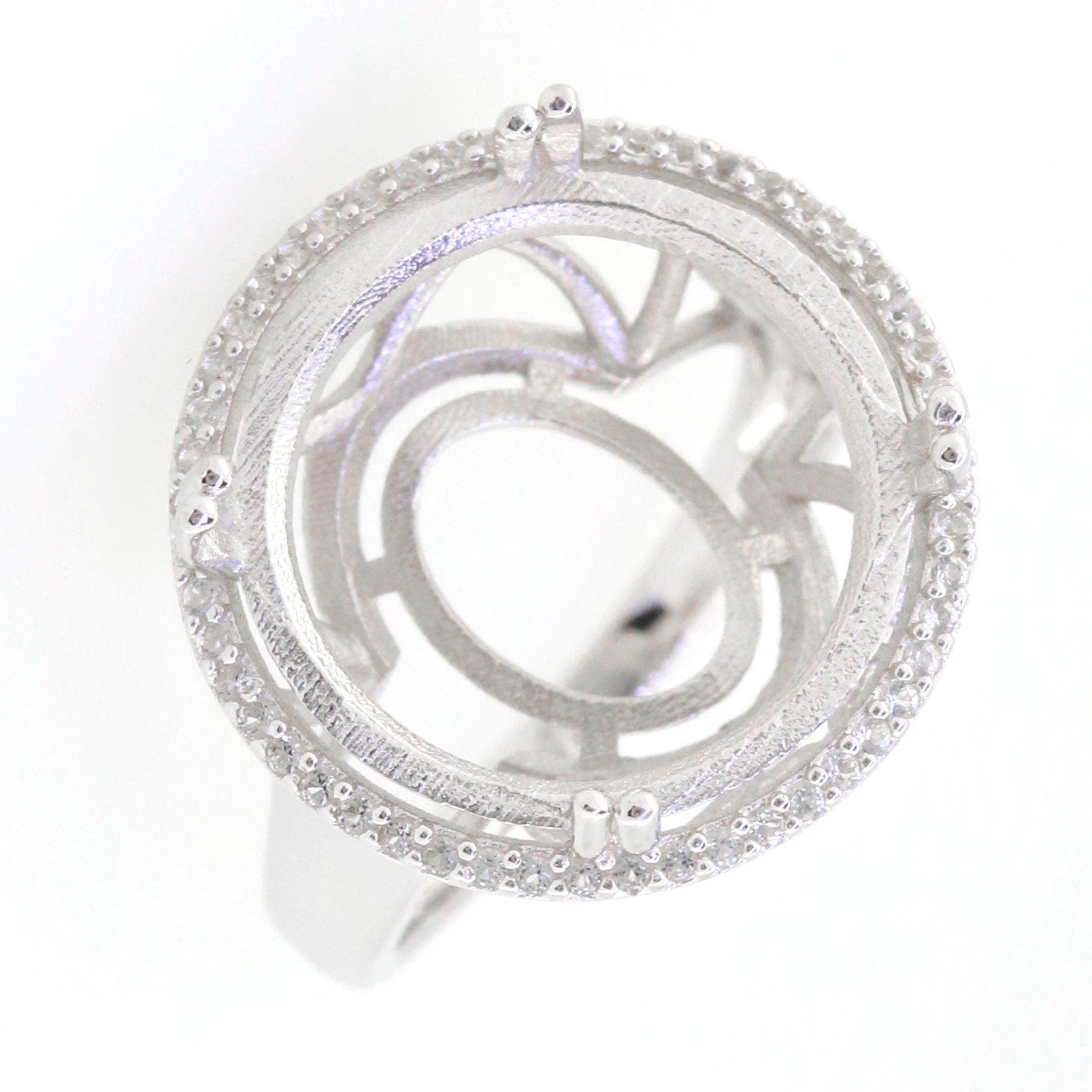 Sterling Silver Semi Mount Ring Setting with Round Halo Design, ideal for custom gemstone options.