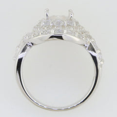 Sterling silver semi mount ring setting with twisted shank and double halo for oval stone.