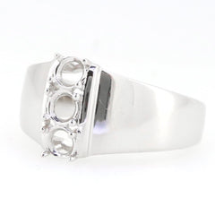 Men's sterling silver semi mount ring setting featuring three gemstone placeholders, designed for customizable main stones.