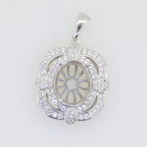 Sterling silver semi mount pendant setting with white topaz halo and oval cavity for gemstone, customizable option.