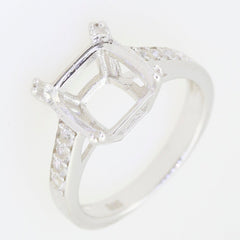 Sterling silver semi mount ring setting with cushion center and white topaz accents, customizable for various sizes.