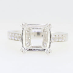 Sterling Silver semi mount ring setting with cushion 10x10mm for white topaz accents, customizable sizes available.