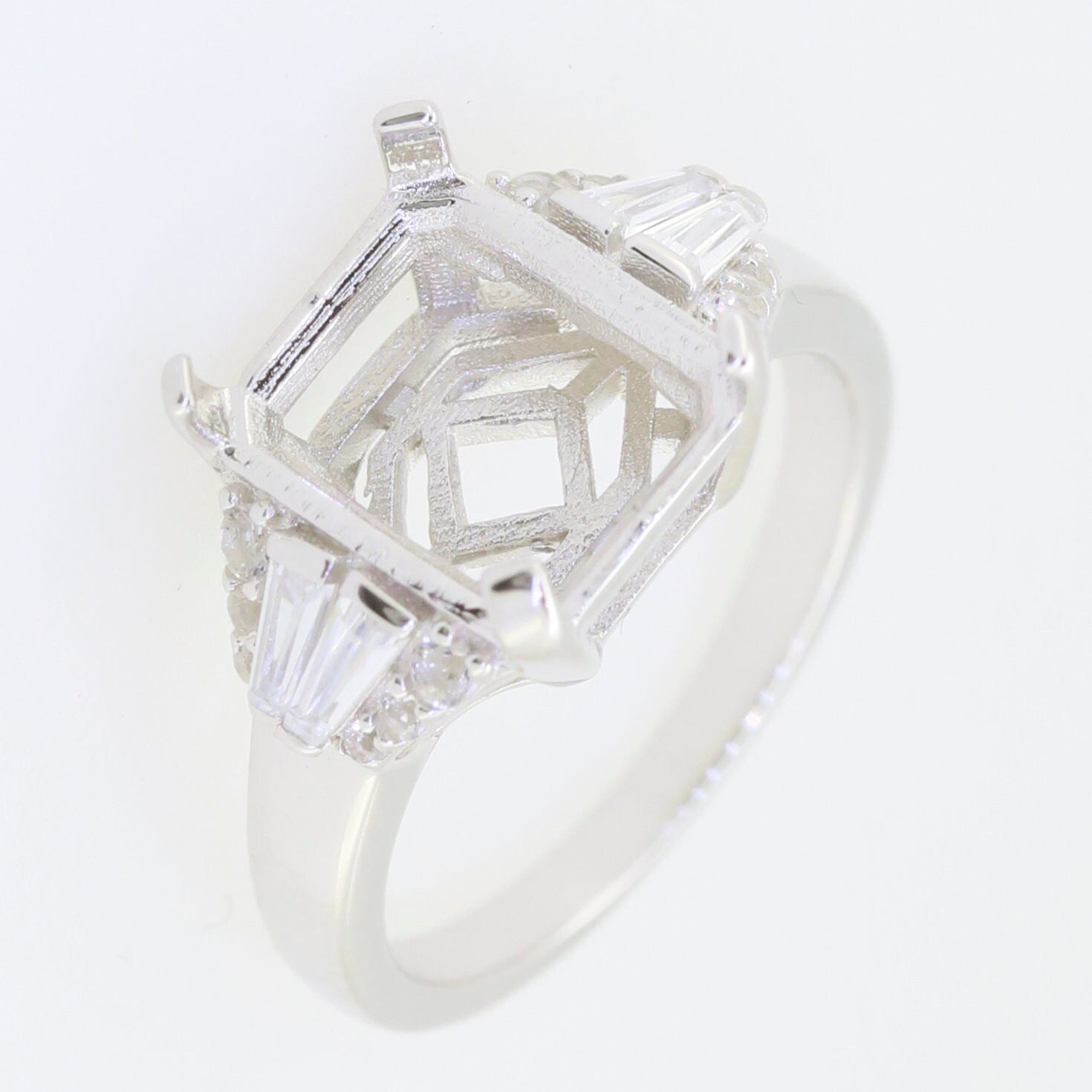 Sterling Silver semi mount ring setting for Emerald 11x9mm with White Topaz accents, custom made to order.