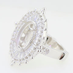 Sterling Silver Semi Mount Ring Setting for 14x10mm Oval Cabochon Gemstone with intricate design and clear stones.