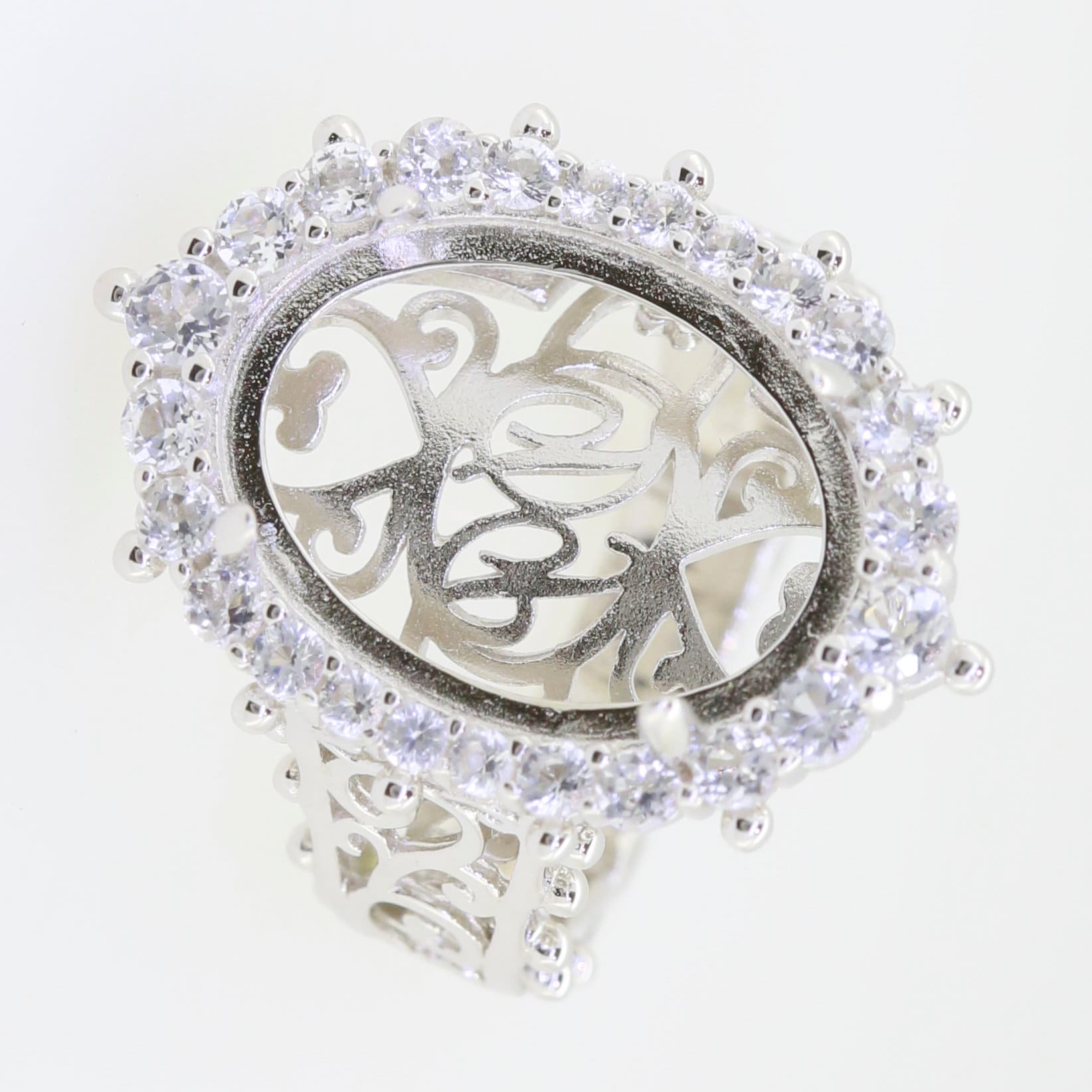 Sterling Silver Semi Mount Ring Setting for Oval Gemstone, 25x18mm, 6 prongs for moissanite, intricate design.