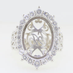 Sterling silver semi mount ring setting with oval design for 25x18mm moissanite gemstone, intricate filigree details.