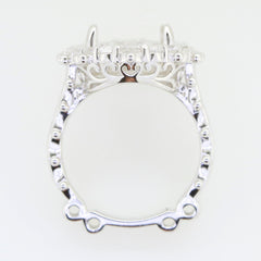 Sterling silver semi mount ring setting for 25x18mm oval moissanite gemstone with 6 prongs and intricate design.