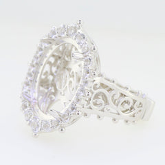 Sterling silver semi mount ring setting for oval gemstones, featuring intricate design and 6 prongs for secure stone placement.