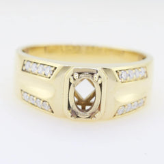 Men's gold semi mount ring with oval setting and diamond accents, ideal for custom gemstone placement.