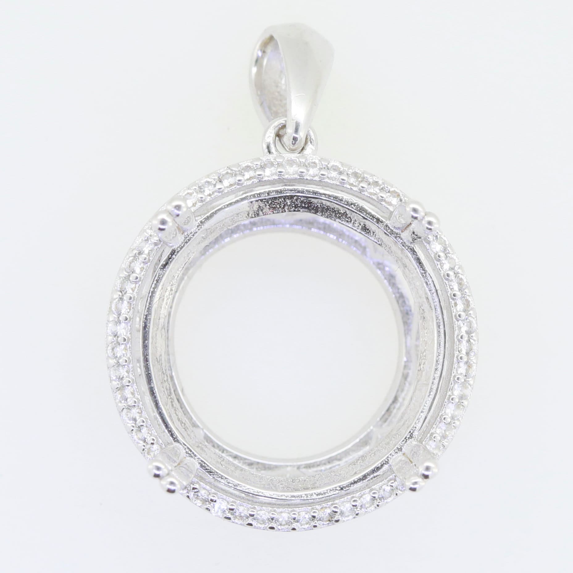 Sterling Silver Semi Mount Pendant Setting 18x18mm with White Topaz, customizable and made to order.