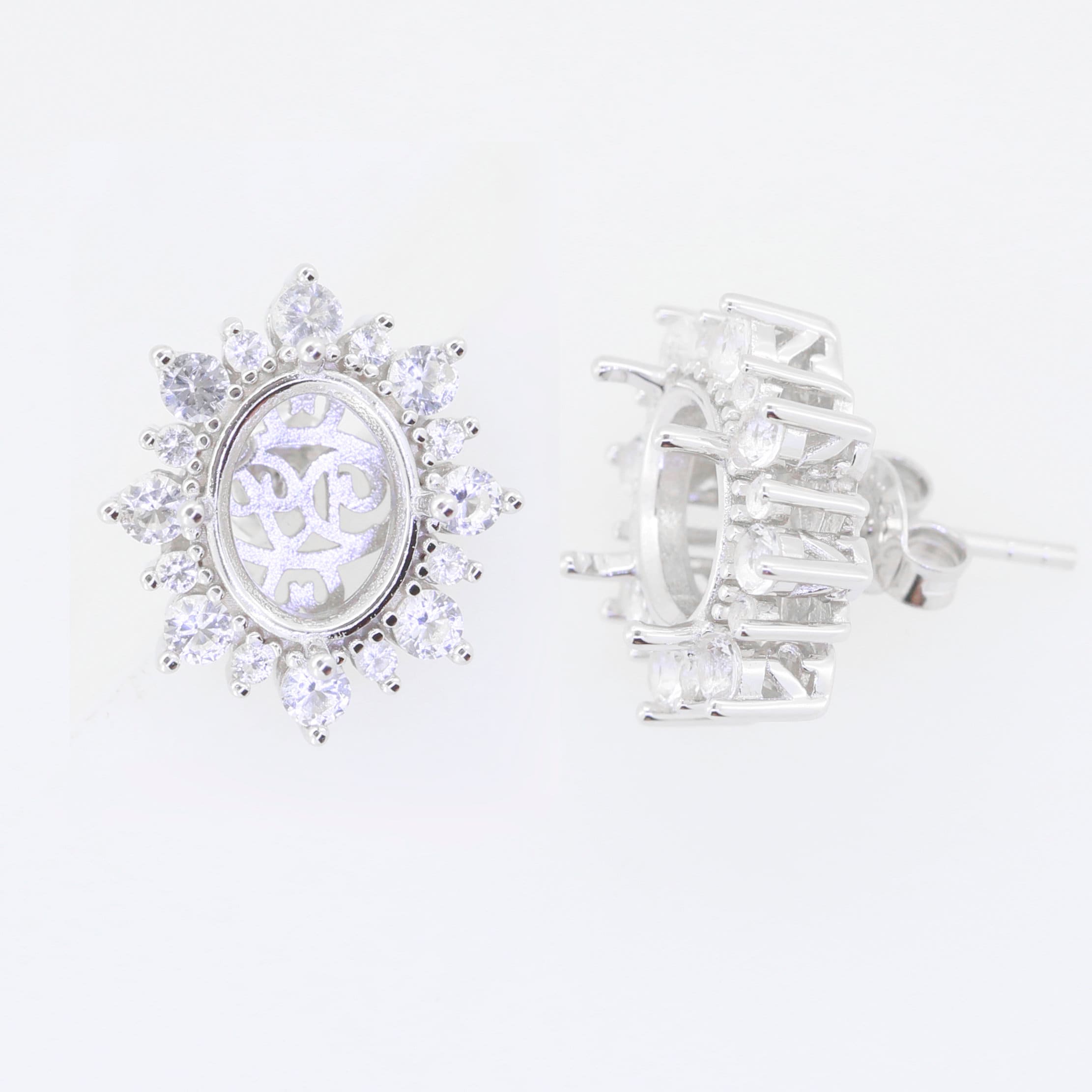 Sterling silver semi mount earrings setting with oval white topaz and intricate design, made to order for custom sizes.