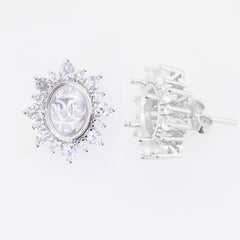 Sterling silver semi mount earrings setting with oval white topaz and intricate design, made to order for custom sizes.