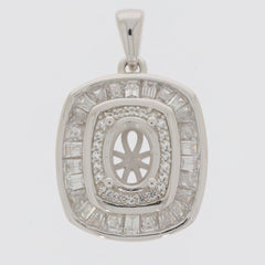 Sterling Silver Semi Mount Pendant Setting with Oval Halo and Baguette White Topaz, custom made, elegant design.