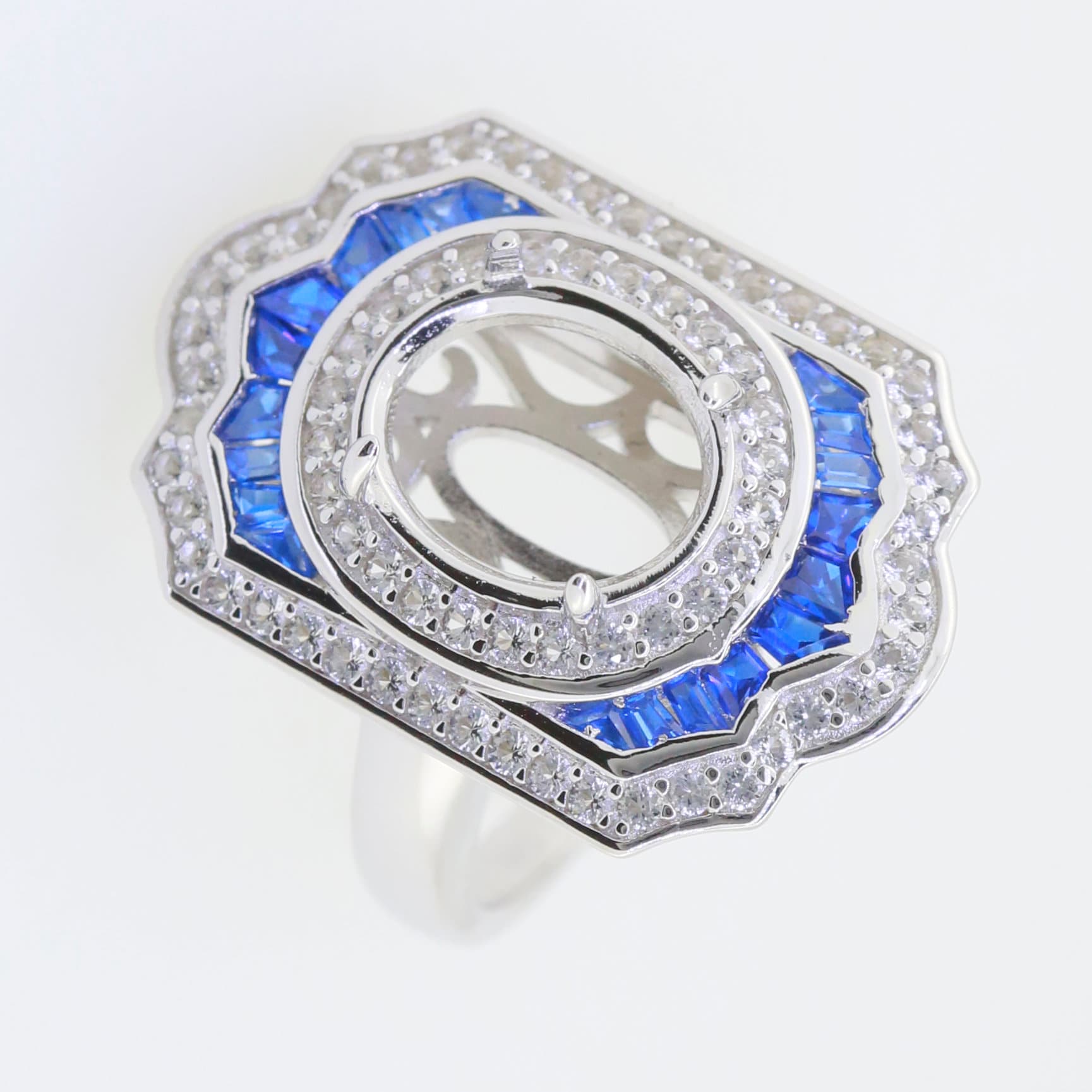 Sterling Silver Semi Mount Ring Setting with Blue Corundum and White Topaz, oval halo design, ready for custom gemstone.