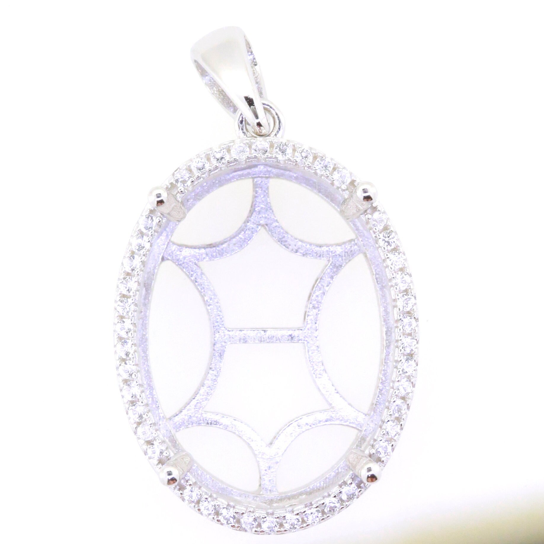Sterling Silver semi mount pendant setting oval 21x16mm with white topaz halo, customizable made-to-order design.