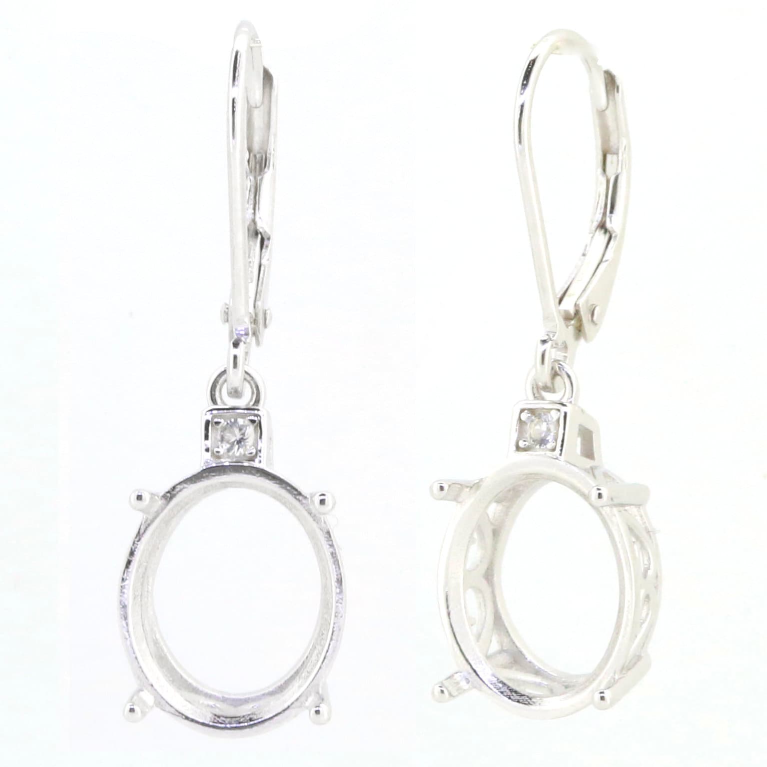 Sterling Silver Semi Mount Earrings Setting with oval 12x10mm space for gemstones, featuring white topaz accents.