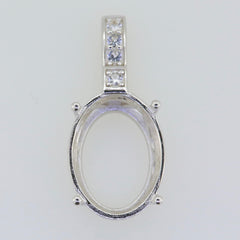 Sterling Silver Oval Semi Mount Pendant Setting with White Topaz, 16x12mm, customizable design for gemstone settings.