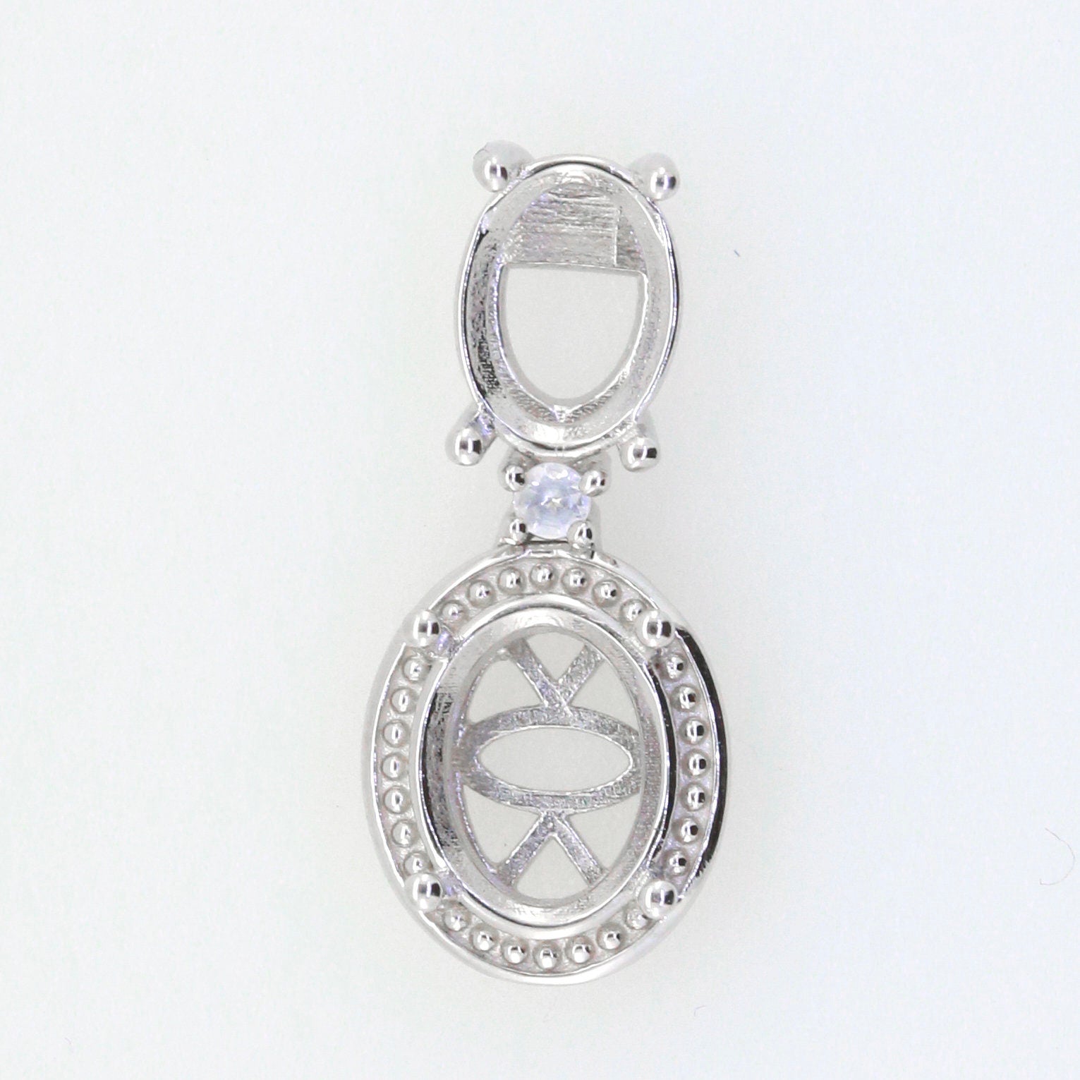 Sterling Silver Semi Mount Pendant Setting for Oval Stones with White Topaz, customizable sizes available.