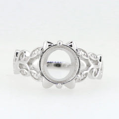 Sterling Silver Semi Mount Ring Setting with intricate Art Nouveau design, featuring a round 10x10mm gemstone placeholder.