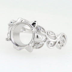 Sterling Silver Semi Mount Ring Setting with Art Nouveau design, showcases round gemstone setting, 10x10mm.