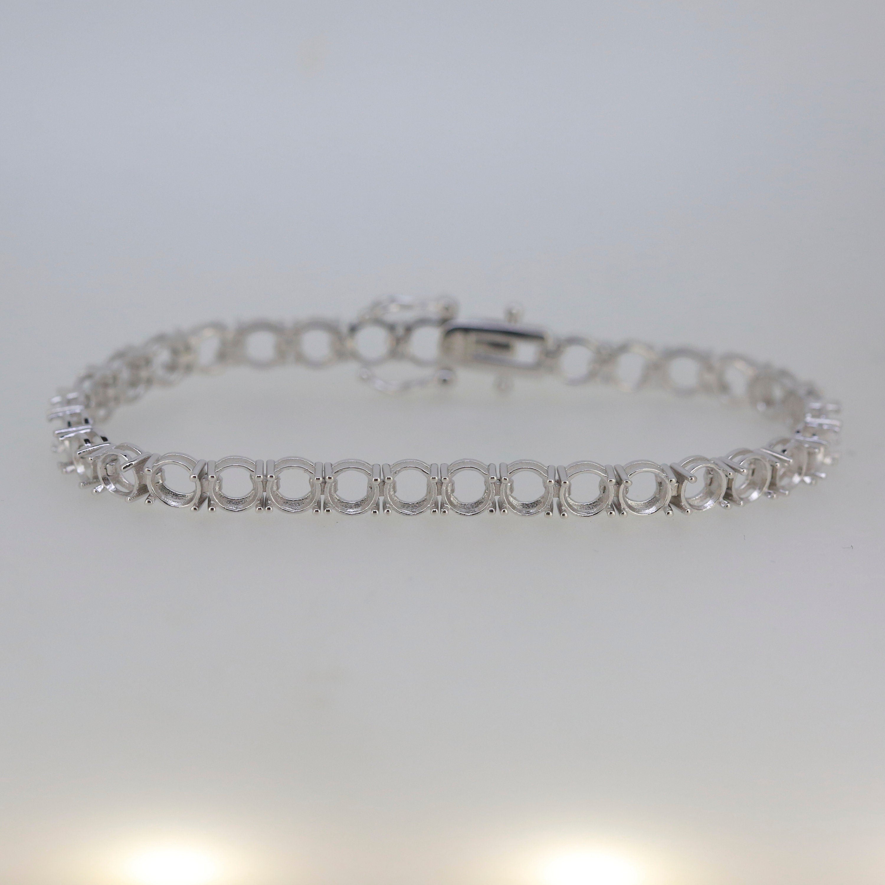 Sterling silver semi mount tennis bracelet setting with round 5x5mm gemstone placeholders, made to order design.