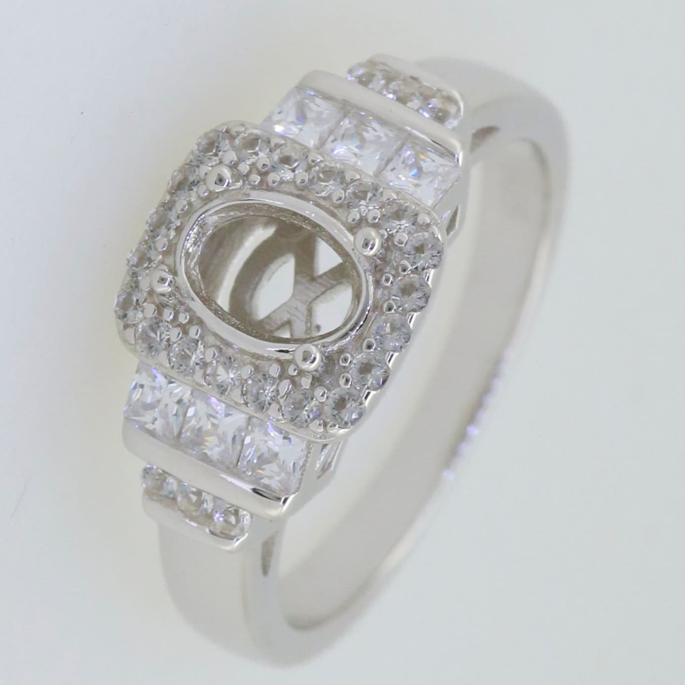 Sterling Silver Semi Mount Ring Setting with Oval Halo and White Topaz Accent, 7x5mm, made to order