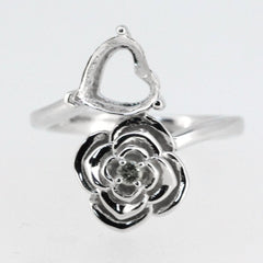 Sterling silver heart and floral bypass semi mount ring setting, ideal for a custom gemstone placement.