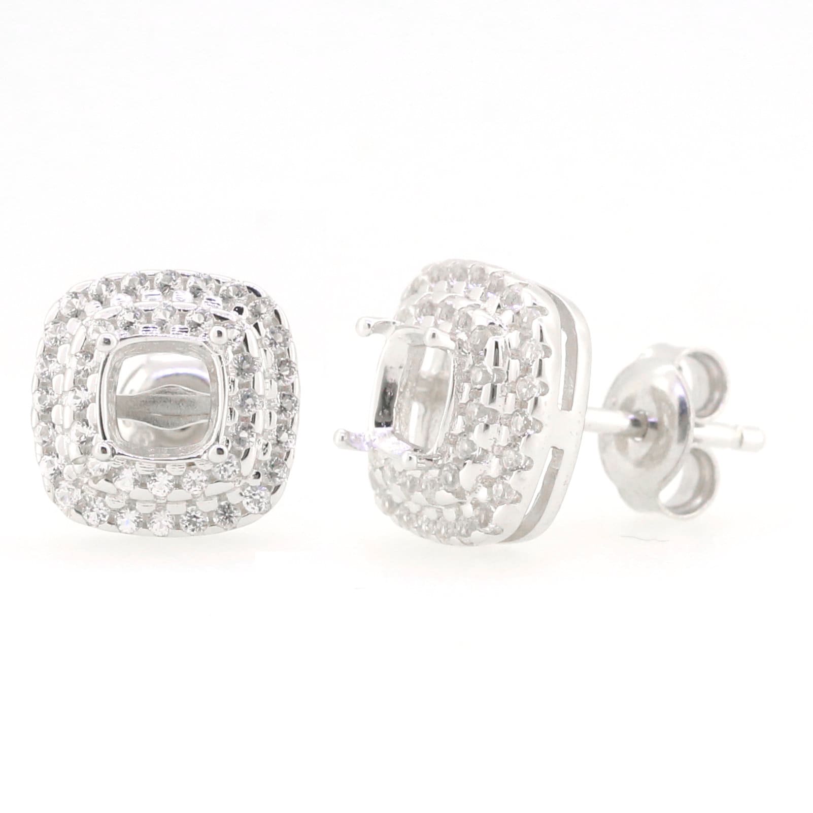Sterling Silver Semi Mount Earrings Setting with White Topaz, Cushion 5x5mm, Double Halo Design, Elegant Studs