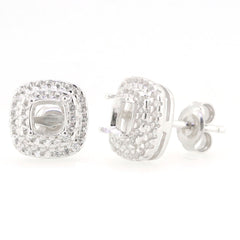Sterling Silver Semi Mount Earrings Setting with White Topaz, Cushion 5x5mm, Double Halo Design, Elegant Studs