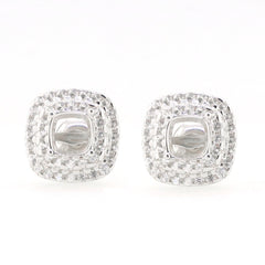 Sterling silver semi mount earrings setting with white topaz, cushion cut, double halo design for gemstone customization.