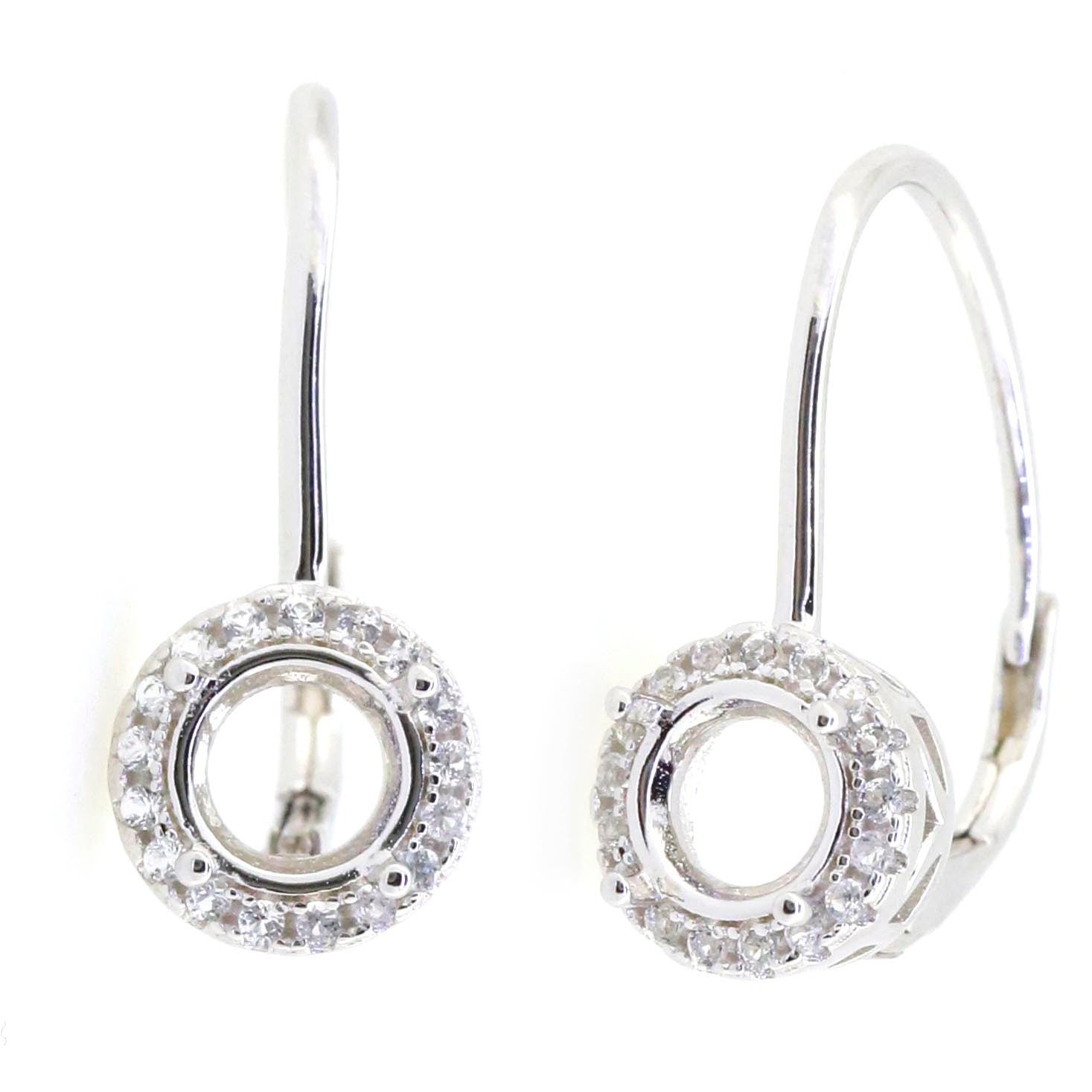 Sterling Silver Semi Mount Earrings Setting featuring round white topaz gemstones in dangle leverback design.