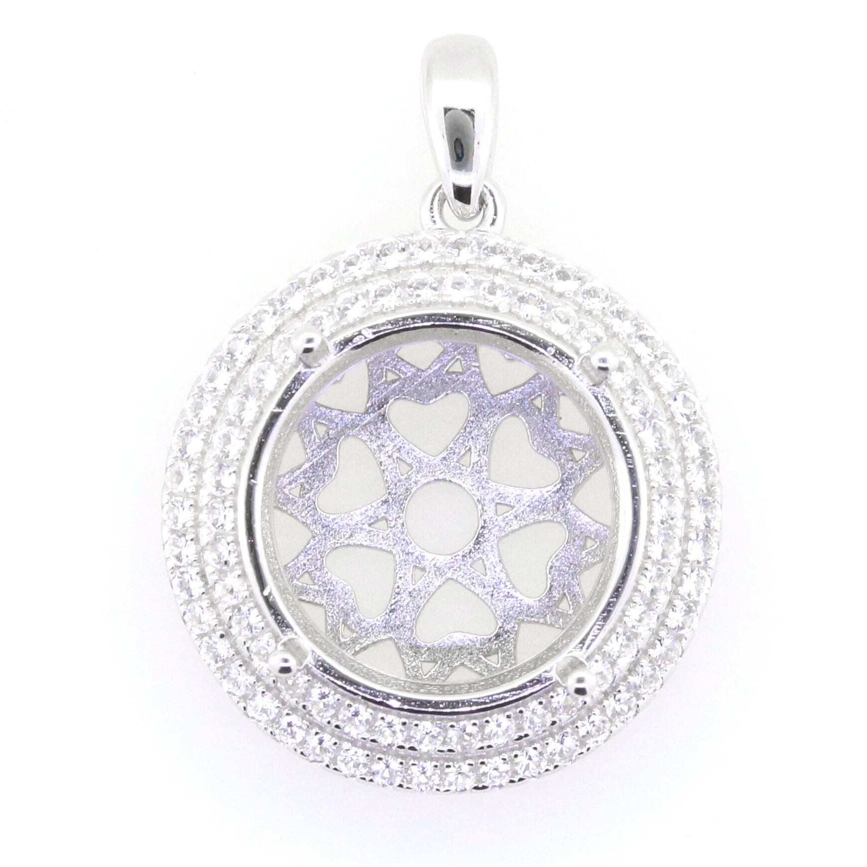 Sterling Silver Semi Mount Pendant Setting with Double Halo design, featuring White Topaz gemstones for elegant jewelry.