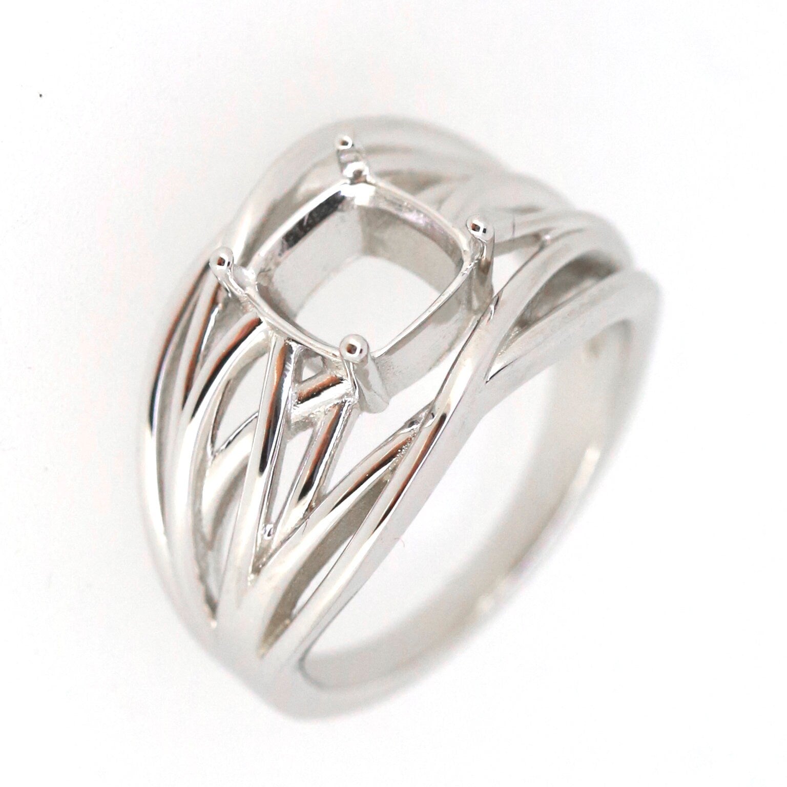 Custom sterling silver semi mount ring setting with a cushion stone cut, featuring a contemporary design.