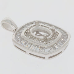 Sterling Silver Semi Mount Pendant Setting with White Topaz Halo and Baguette design, ready for custom gemstone installation.